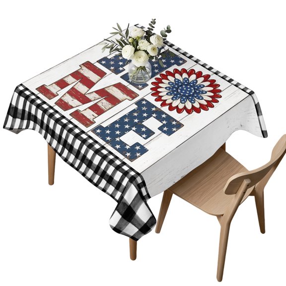 Waterproof Tablecloth Farmhouse HOME Letters Flower Square Table Cloth 54x54in,Wipeable Washable Table Cover Independence Day Wood Check Tablecloths for Dining Tables Kitchen Picnic Camping Ourdoor