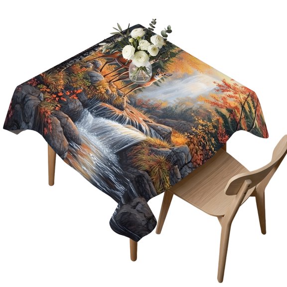 Waterproof Tablecloth Forest Deer River Landscape Square Table Cloth 54x54in,Wipeable Washable Table Cover Nature Waterfall Scenery Tablecloths for Dining Tables Kitchen Picnic Camping Ourdoor