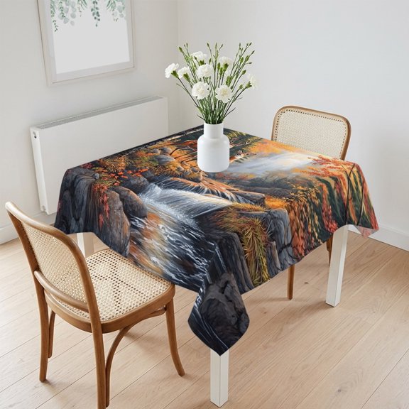 Waterproof Tablecloth Forest Deer River Landscape Square Table Cloth 60x60in,Wipeable Washable Table Cover Nature Waterfall Scenery Tablecloths for Dining Tables Kitchen Picnic Camping Ourdoor