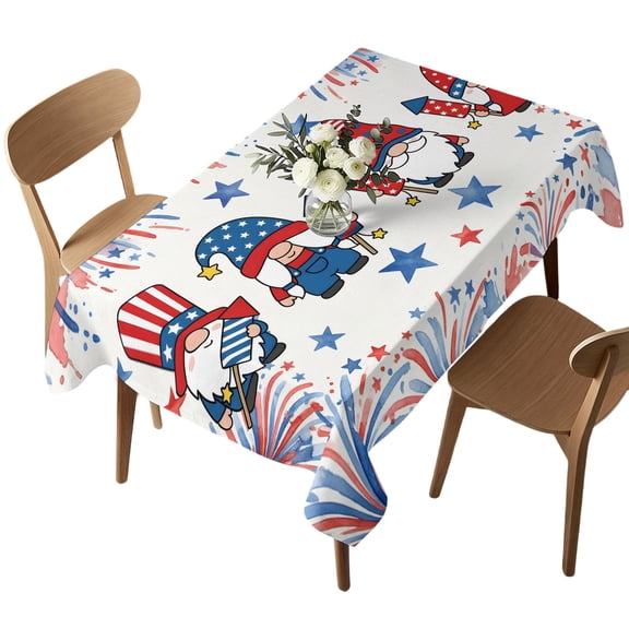 Waterproof Tablecloth Fourth of July Gnomes Rectangle Table Cloth 52x70in,Wipeable Washable Table Cover USA Flag Fireworks Red Blue Stars Tablecloths for Dining Tables Kitchen Picnic Ourdoor