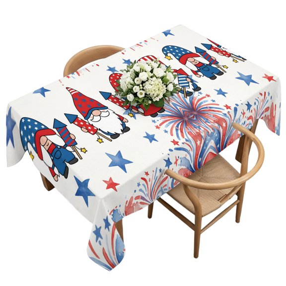 Waterproof Tablecloth Fourth of July Gnomes Rectangle Table Cloth 60x120in,Wipeable Washable Table Cover USA Flag Fireworks Red Blue Stars Tablecloths for Dining Tables Kitchen Picnic Ourdoor