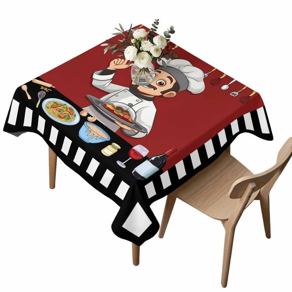 Waterproof Tablecloth Fun Chef Kitchenware Food Burgundy Red Square Table Cloth 54x54in,Wipeable Washable Table Cover Black White Checker Tablecloths for Dining Tables Kitchen Picnic Ourdoor