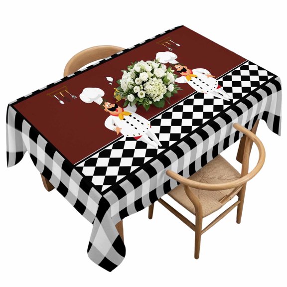 Waterproof Tablecloth Funny Chef Food Cutlery Rectangle Table Cloth 60x120in,Wipeable Washable Table Cover Black White Plaid Dark Maroon Tablecloths for Dining Tables Kitchen Picnic Camping Ourdoor