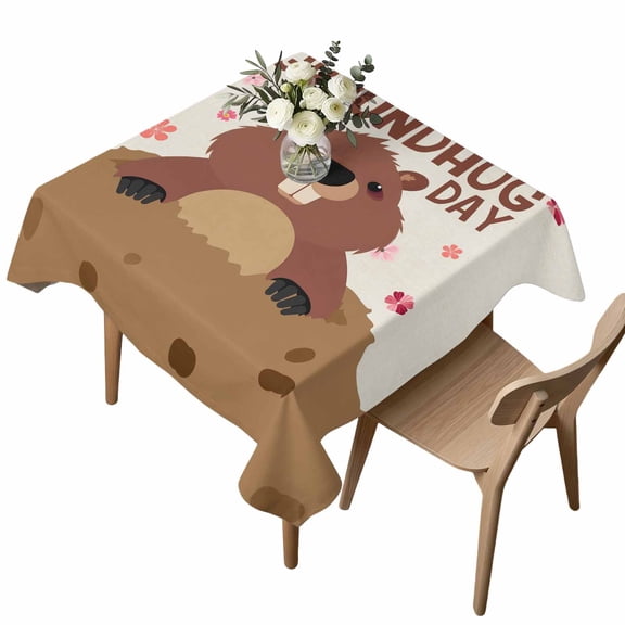 Waterproof Tablecloth GROUNDHOG DAY Words Square Table Cloth 54x54in,Wipeable Washable Table Cover Cute Marmot Flowers Tablecloths for Dining Tables Kitchen Picnic Camping Ourdoor Party