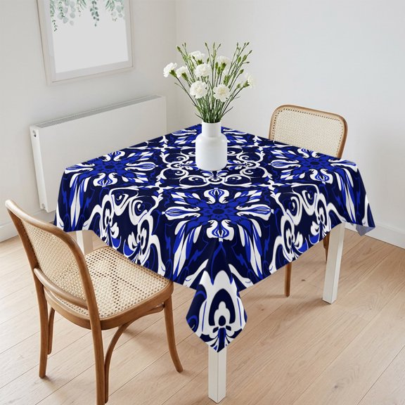 Waterproof Tablecloth Geometric Abstract Flower Artwork Square Table Cloth 60x60in,Wipeable Washable Table Cover Boho Blue Floral Line Art Tablecloths for Dining Tables Kitchen Picnic Ourdoor