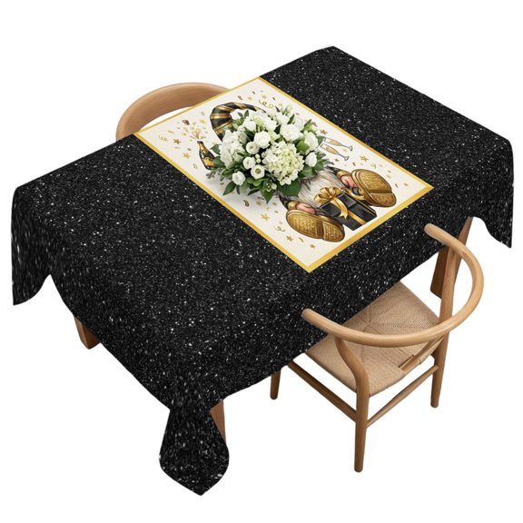 Waterproof Tablecloth Gold Black Stripe Gnome Rectangle Table Cloth 60x120in,Wipeable Washable Table Cover Graduate New Year Birthday Dwarf Tablecloths for Dining Tables Kitchen Picnic Ourdoor