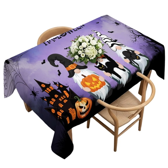 Waterproof Tablecloth Halloween Gnome Pumpkin Black Cat Spiders- Hall Ween Rectangle Table Cloth 60x120in,Wipeable Washable Table Cover Dead Tree Purple Tablecloths for Dining Tables Kitchen Picnic
