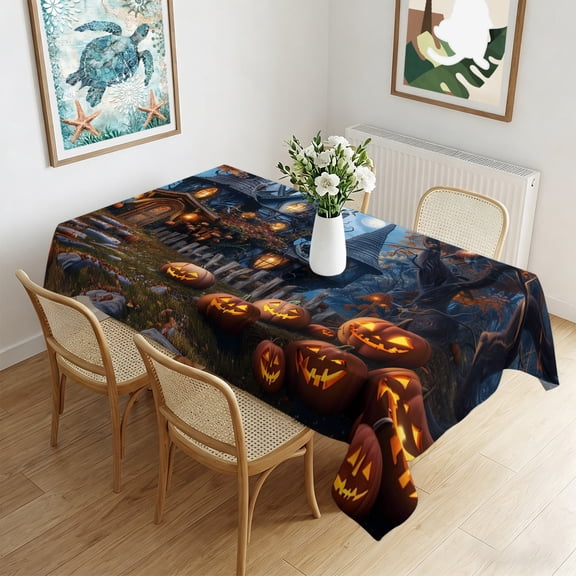 Waterproof Tablecloth Halloween Night Horror Castle Moon Forest Rectangle Table Cloth 60x102in,Wipeable Washable Table Cover Scary Pumpkin Ghost Tablecloths for Dining Tables Kitchen Picnic Ourdoor