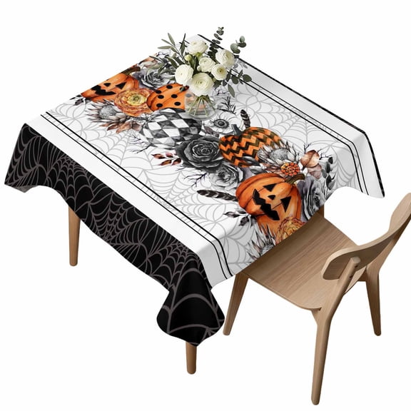 Waterproof Tablecloth Halloween Orange Ghost Pumpkin Square Table Cloth 54x54in,Washable Table Cover Flower Spiderweb on White Black Tablecloths for Dining Tables Kitchen Picnic Camping Outdoor Party