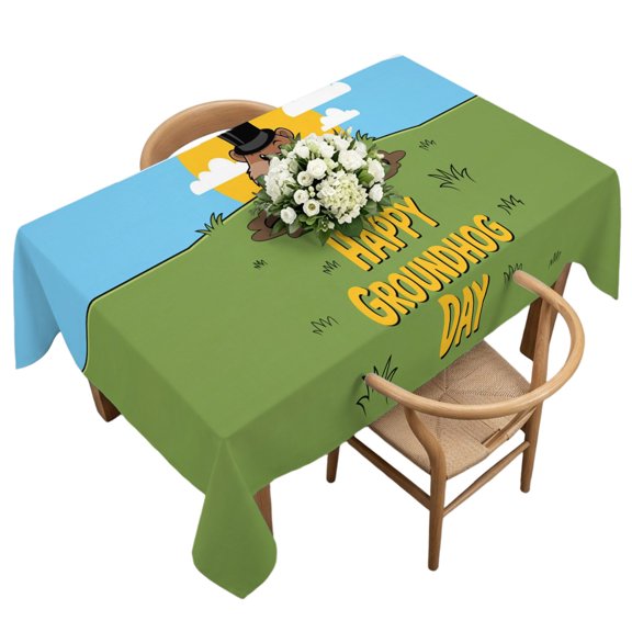 Waterproof Tablecloth Happy Groundhog Day Rectangle Table Cloth 60x120in,Wipeable Washable Table Cover Cartoon Groundhog on Meadow Tablecloths for Dining Tables Kitchen Picnic Camping Ourdoor Party