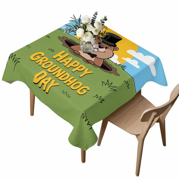 Waterproof Tablecloth Happy Groundhog Day Square Table Cloth 54x54in,Wipeable Washable Table Cover Cartoon Groundhog on Meadow Tablecloths for Dining Tables Kitchen Picnic Camping Ourdoor Party