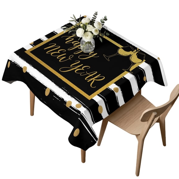 Waterproof Tablecloth Happy New Year Words Square Table Cloth 54x54in,Wipeable Washable Table Cover Black White Striped Champagne Tablecloths for Dining Tables Kitchen Picnic Camping Ourdoor Party