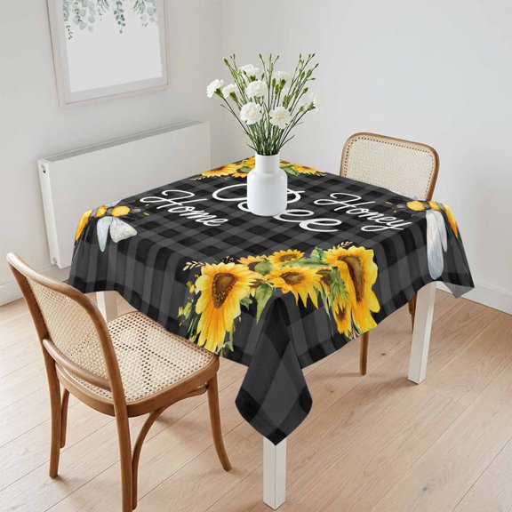 Waterproof Tablecloth Honey Bee Home Words Sunflowers Square Table Cloth 60x60in,Wipeable Washable Table Cover Black Gray Plaid Tablecloths for Dining Tables Kitchen Picnic Camping Ourdoor Party