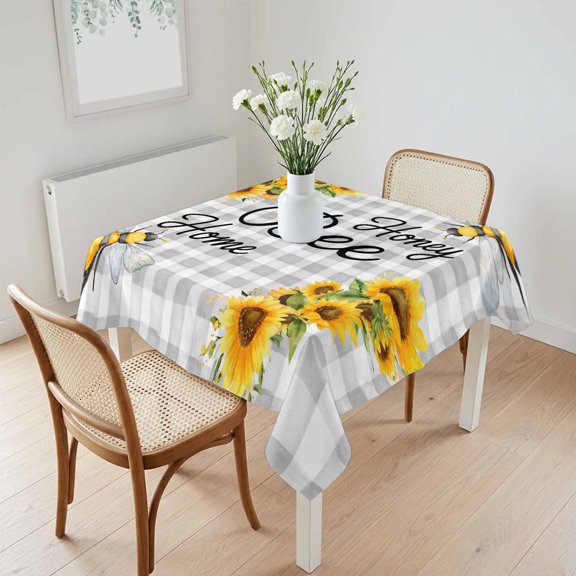 Waterproof Tablecloth Honey Bee Home Words Sunflowers Square Table Cloth 60x60in,Wipeable Washable Table Cover White Gray Plaid Tablecloths for Dining Tables Kitchen Picnic Camping Ourdoor Party