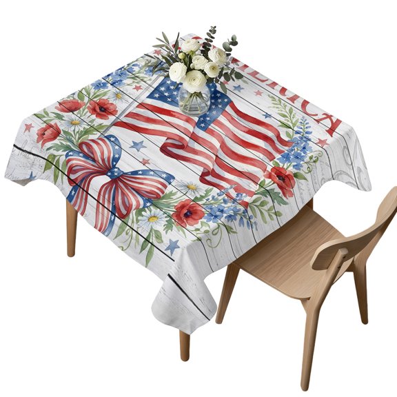 Waterproof Tablecloth Independence Day Anniversary Square Table Cloth 54x54in,Wipeable Washable Table Cover America Flag Floral Tablecloths for Dining Tables Kitchen Picnic Camping Ourdoor Party