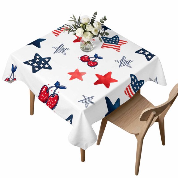 Waterproof Tablecloth Independence Day Blue Red Star Square Table Cloth 54x54in,Wipeable Washable Table Cover Abstract Stars Cherry Tablecloths for Dining Tables Kitchen Picnic Camping Ourdoor