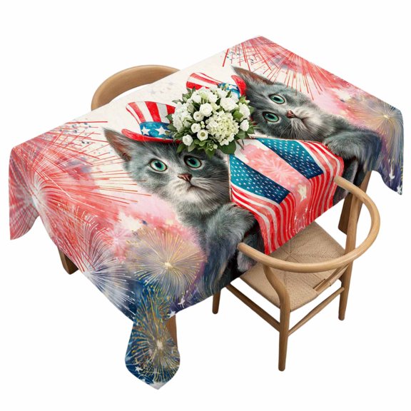Waterproof Tablecloth Independence Day Cute Kitty Rectangle Table Cloth 60x120in,Wipeable Washable Table Cover USA Flag Fireworks Tablecloths for Dining Tables Kitchen Picnic Camping Ourdoor Party