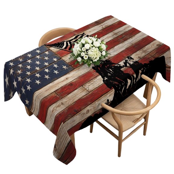 Waterproof Tablecloth Independence Day USA Flag Rectangle Table Cloth 60x120in,Wipeable Washable Table Cover Silhouette of Soldiers' Group Tablecloths for Dining Tables Kitchen Picnic Ourdoor