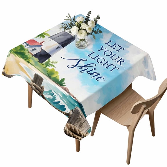 Waterproof Tablecloth LET YOUR LIGHT Shine Square Table Cloth 54x54in,Wipeable Washable Table Cover Watercolor Ocean Beach Lighthouse Tablecloths for Dining Tables Kitchen Picnic Camping Ourdoor