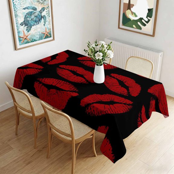 Waterproof Tablecloth Lipprint Kisses Red and Black Rectangle Table Cloth 60x102in,Wipeable Washable Table Cover Valentine's Day Lips Texture Tablecloths for Dining Tables Kitchen Picnic Ourdoor