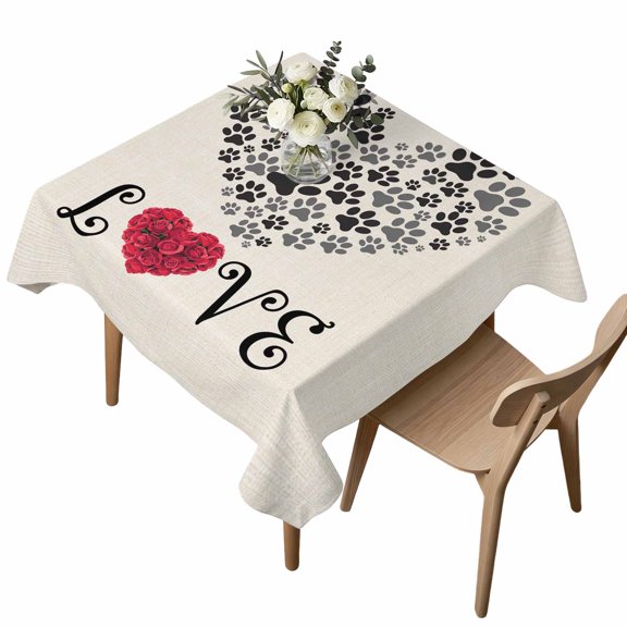 Waterproof Tablecloth Love Words Dogs Footprints Square Table Cloth 54x54in,Wipeable Washable Table Cover Red Roses on Linen Tablecloths for Dining Tables Kitchen Picnic Camping Ourdoor Party