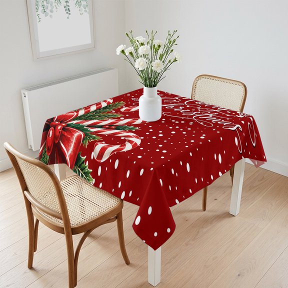 Waterproof Tablecloth Merry Christmas Candy Canes Square Table Cloth 60x60in,Wipeable Washable Table Cover Winter Snowflakes on Red Tablecloths for Dining Tables Kitchen Picnic Camping Outdoor Party