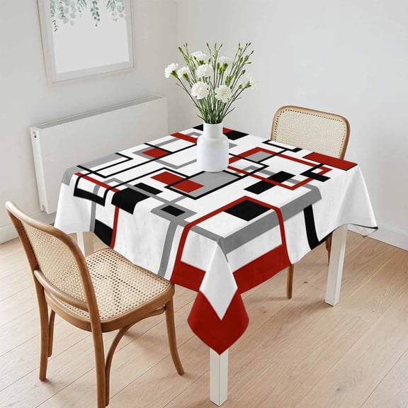 Waterproof Tablecloth Middle Ages Minimalist Geometric Square Table Cloth 60x60in,Wipeable Washable Table Cover Red Black White Grey Color Block Tablecloths for Dining Tables Kitchen Picnic Ourdoor