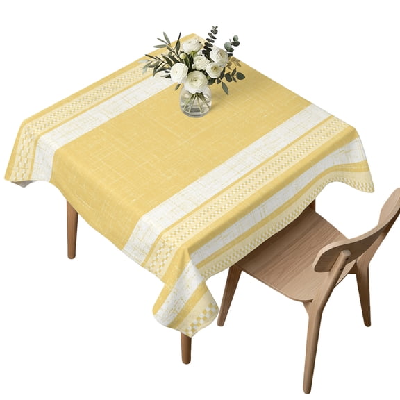 Waterproof Tablecloth Minimalist Geometric Yellow Stripe Square Table Cloth 54x54in,Wipeable Washable Table Cover Farmhouse Burlap Linen Tablecloths for Dining Tables Kitchen Picnic Camping Ourdoor