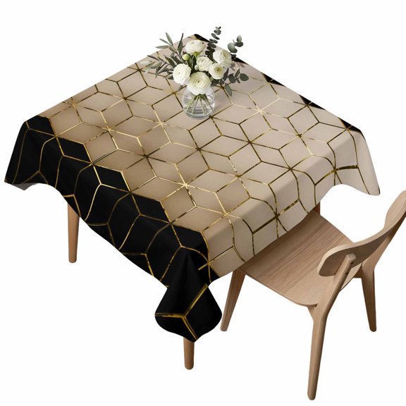 Waterproof Tablecloth Modern Brown Black Geometric Texture Square Table Cloth 54x54in,Wipeable Washable Table Cover Abstract Gold Line Tablecloths for Dining Tables Kitchen Picnic Camping Ourdoor