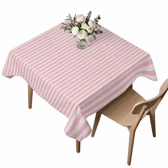 Waterproof Tablecloth Modern Pink Stripe Linen Texture Square Table Cloth 54x54in,Wipeable Washable Table Cover Country Retro Minimalist Line Tablecloths for Dining Tables Kitchen Picnic Ourdoor