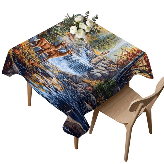Waterproof Tablecloth Natural Wild Deer Stream Forest Square Table Cloth 54x54in,Wipeable Washable Table Cover Country Field Scenery Tablecloths for Dining Tables Kitchen Picnic Camping Ourdoor