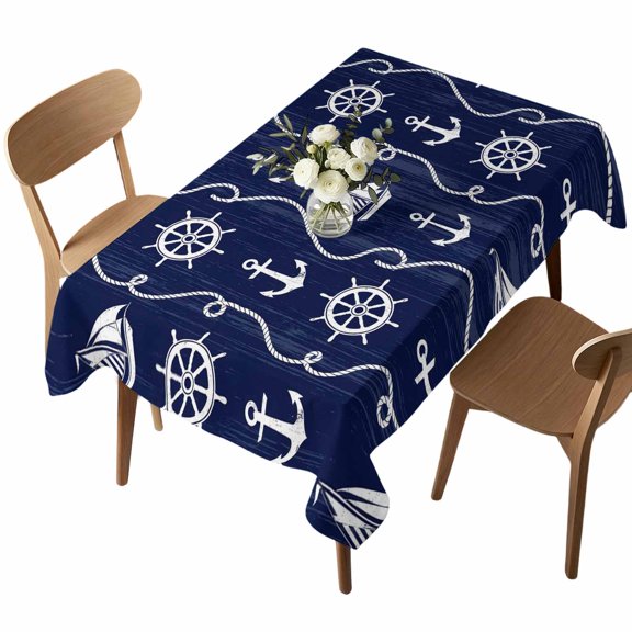 Waterproof Tablecloth Nautical Anchor Sailboat Rectangle Table Cloth 52x70in,Wipeable Washable Table Cover Deep Navy Blue Background Tablecloths for Dining Tables Kitchen Picnic Camping Ourdoor
