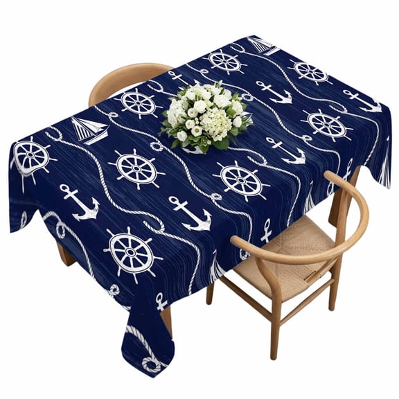 Waterproof Tablecloth Nautical Anchor Sailboat Rectangle Table Cloth 60x120in,Wipeable Washable Table Cover Deep Navy Blue Background Tablecloths for Dining Tables Kitchen Picnic Camping Ourdoor