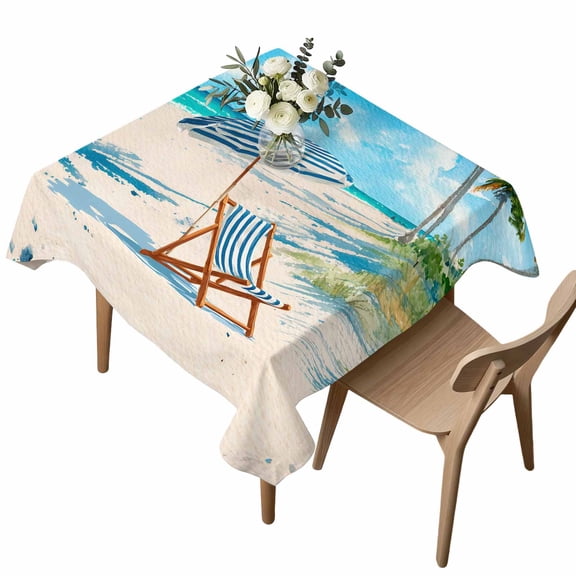 Waterproof Tablecloth Ocean Beach Recliner Umbrella Square Table Cloth 54x54in,Wipeable Washable Table Cover Summer Marine Oil Painting Tablecloths for Dining Tables Kitchen Picnic Camping Ourdoor