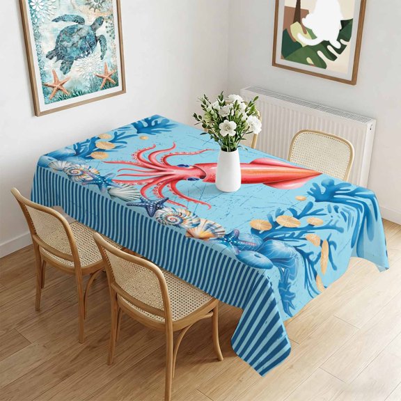 Waterproof Tablecloth Oceans Red Squid Sea Stars Rectangle Table Cloth 60x84in,Wipeable Washable Table Cover Shells Blue Striped Tablecloths for Dining Tables Kitchen Picnic Camping Ourdoor Party