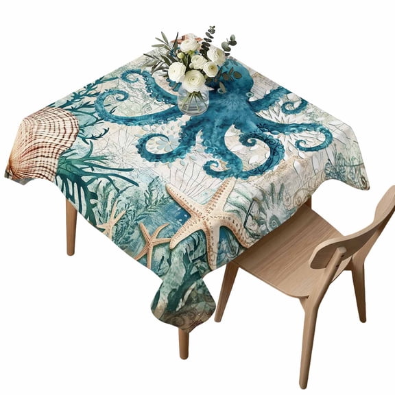 Waterproof Tablecloth Octopus Starfish Shell Sea Monster Square Table Cloth 54x54in,Wipeable Washable Table Cover Nautical Map Tablecloths for Dining Tables Kitchen Picnic Camping Ourdoor Party