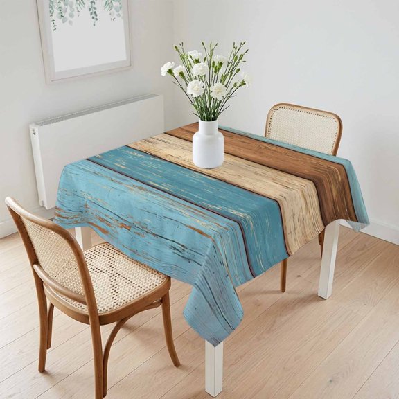 Waterproof Tablecloth Pale Blue Brown Wood Textures Square Table Cloth 60x60in,Wipeable Washable Table Cover Countryside Striped Tablecloths for Dining Tables Kitchen Picnic Camping Ourdoor Party