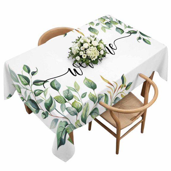 Waterproof Tablecloth Pastoral Green Eucalyptus Leaves Rectangle Table Cloth 60x120in,Wipeable Washable Table Cover Welcome Text Tablecloths for Dining Tables Kitchen Picnic Camping Ourdoor Party