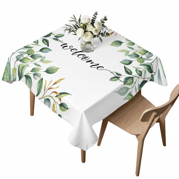 Waterproof Tablecloth Pastoral Green Eucalyptus Leaves Square Table Cloth 54x54in,Wipeable Washable Table Cover Welcome Text Tablecloths for Dining Tables Kitchen Picnic Camping Ourdoor Party