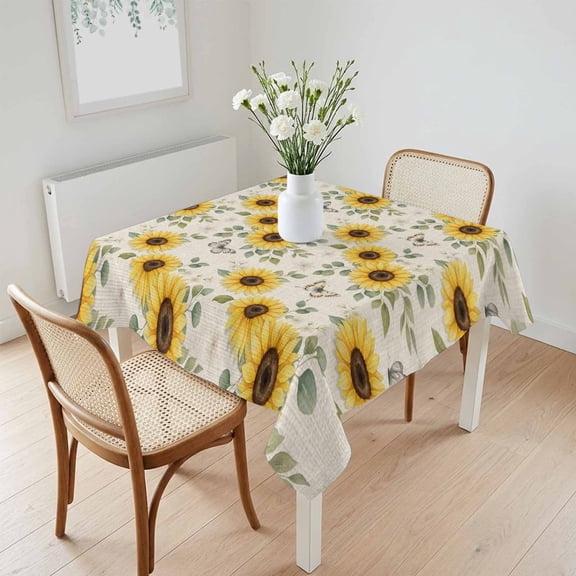 Waterproof Tablecloth Pastoral Sunflower Leaf Retro Linen Square Table Cloth 60x60in,Wipeable Washable Table Cover Country Plant Butterfly Tablecloths for Dining Tables Kitchen Picnic Ourdoor