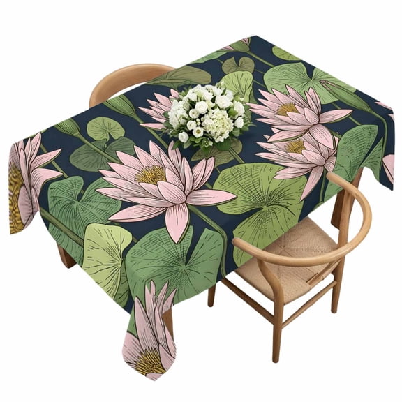 Waterproof Tablecloth Pink Lotus Water Lily Dark Green Leaves Rectangle Table Cloth 60x120in,Wipeable Washable Table Cover Oriental Style Tablecloths for Dining Tables Kitchen Picnic Ourdoor