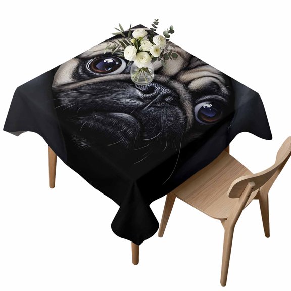 Waterproof Tablecloth Realistic Pug Dog Pattern Square Table Cloth 54x54in,Wipeable Washable Table Cover Dark Background Tablecloths for Dining Tables Kitchen Picnic Camping Ourdoor Party