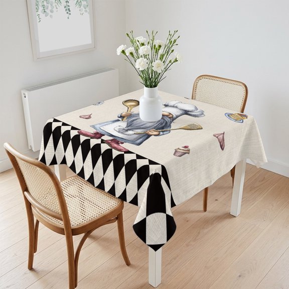 Waterproof Tablecloth Retro Cartoon Dessert Chef Gnome Square Table Cloth 60x60in,Wipeable Washable Table Cover Black White Diamond Lattice Plaid Tablecloths for Dining Tables Kitchen Picnic
