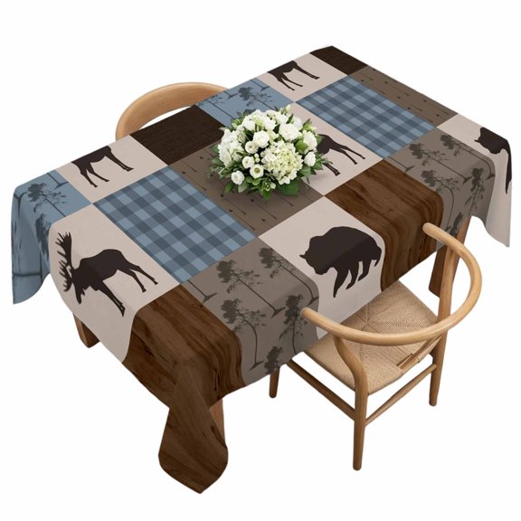 Waterproof Tablecloth Retro Deer Bear Plaid Check Rectangle Table Cloth 60x120in,Wipeable Washable Table Cover Abstract Patchwork Pattern Tablecloths for Dining Tables Kitchen Picnic Ourdoor