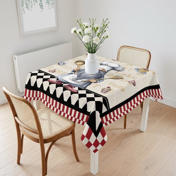 Waterproof Tablecloth Retro Funny Chef Gnome Cake Square Table Cloth 60x60in,Wipeable Washable Table Cover Black Red Checkered Plaid Tablecloths for Dining Tables Kitchen Picnic Camping Ourdoor