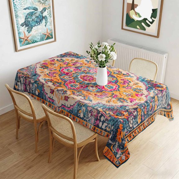 Waterproof Tablecloth Retro Medieval Turkish Tattoos Rectangle Table Cloth 60x102in,Wipeable Washable Table Cover Classic Boho Pattern Tablecloths for Dining Tables Kitchen Picnic Camping Ourdoor