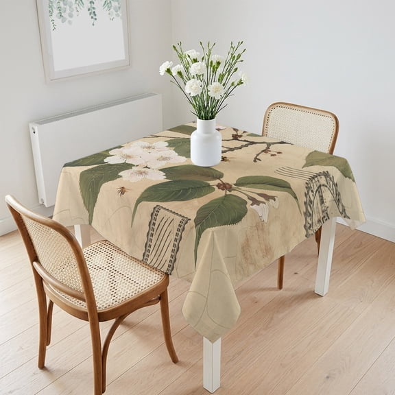 Waterproof Tablecloth Retro Pear Blossom Floral Leaves Square Table Cloth 60x60in,Wipeable Washable Table Cover Tree Branch on Postcard Tablecloths for Dining Tables Kitchen Picnic Camping Ourdoor