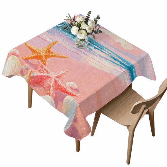 Waterproof Tablecloth Romantic Pink Beach Sunset Square Table Cloth 54x54in,Wipeable Washable Table Cover Starfish Shell Tablecloths for Dining Tables Kitchen Picnic Camping Ourdoor Party
