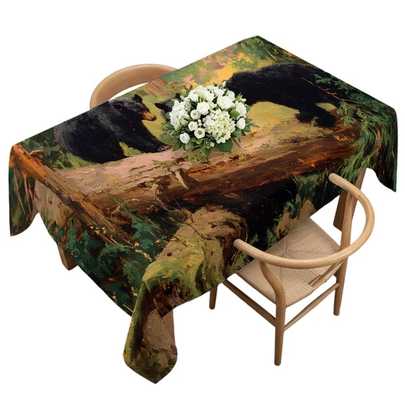 Waterproof Tablecloth Rustic Black Black Bears Family Forest Rectangle Table Cloth 60x120in,Wipeable Washable Table Cover Woodland Animals Tablecloths for Dining Tables Kitchen Picnic Ourdoor