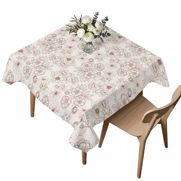 Waterproof Tablecloth Rustic Blossom Flower Dark Red Sketch Square Table Cloth 54x54in,Wipeable Washable Table Cover Seamless Floral on Linen Tablecloths for Dining Tables Kitchen Picnic Ourdoor